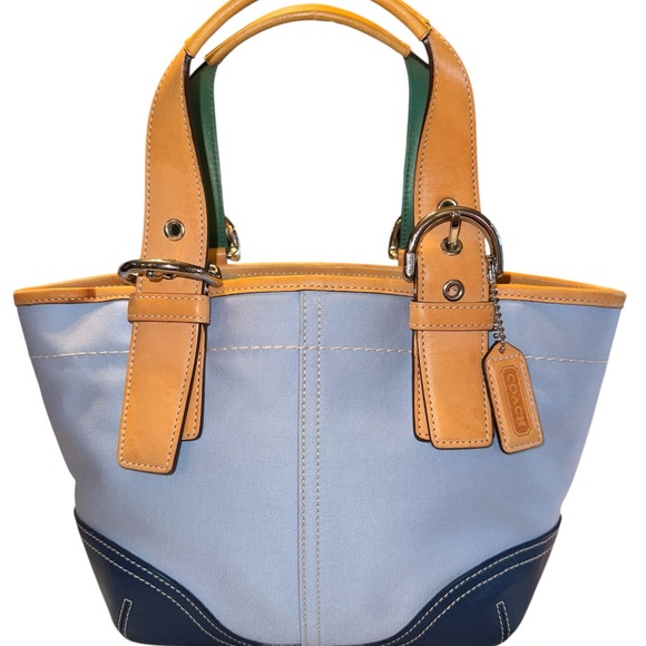 Authentic Small Coach Hampton SoHo Canvas Leather Tote Bag Blue & Green EUC - Picture 1 of 6